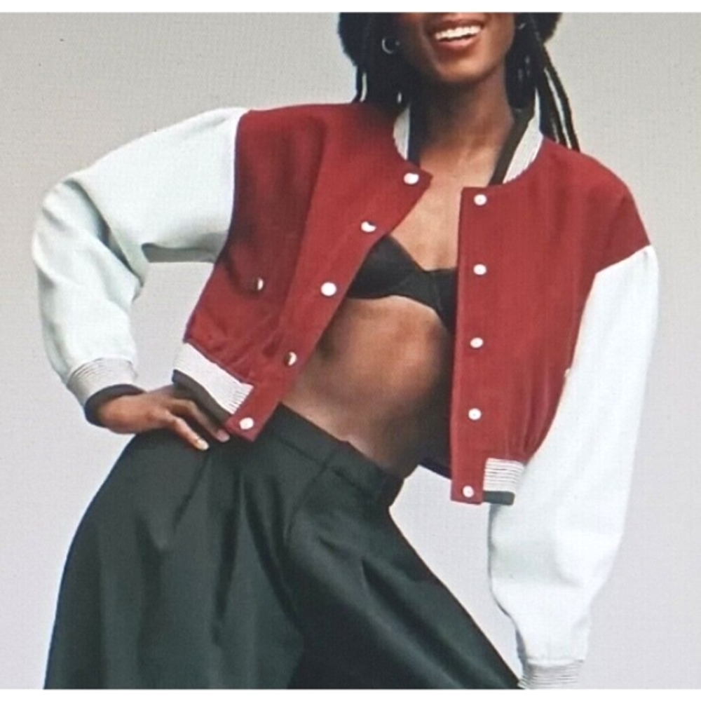 NEW Mauve Anthropologie Colorblock Crop Bomber Varsity Jacket Maroon / Blue Sz S